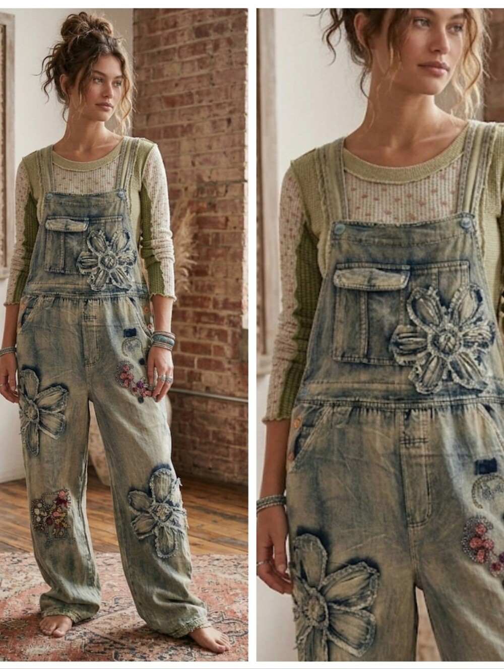 Light Floral Applique Mineral Wash Denim Overalls for Women - Set PRice